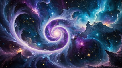 A mesmerizing cosmic swirl, blending vivid purples and blues, creating a stunning celestial scene with stars and swirling clouds, perfect for any space-themed project