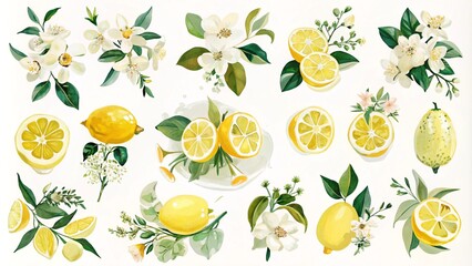 Big Set of lemon branches. Flower, green leaves. fruit and splashing juice. fresh multi fruits and...