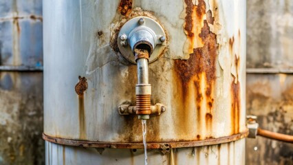 A rusty water tank with a leaking faucet dripping a steady stream of water
