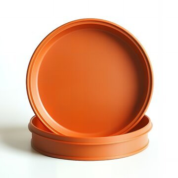 Two terracotta plant saucers stacked on a white background.