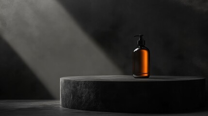 A solitary amber bottle illuminated by soft light on a dark, textured surface, creating a serene and minimalist atmosphere