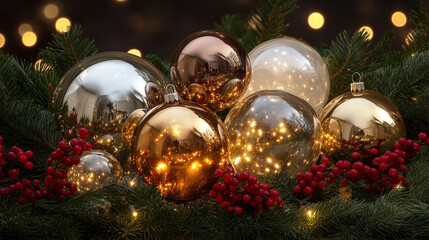 Elegant Glass and Metallic Christmas Ornaments with Pine Branches and Red Berries for Festive Holiday Decor
