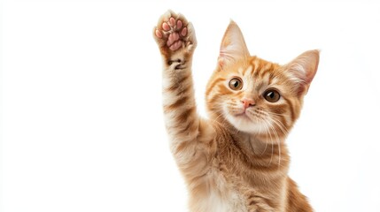 Fototapeta premium A cute ginger cat raises its paw in a gesture of greeting, isolated against a white background.