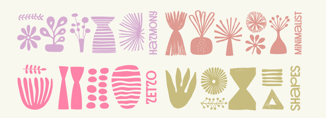 Floral abstract design with minimalist shapes, featuring colorful plant and geometric forms. The composition combines modern decorative elements with artistic harmony. © Molibdenis-Studio