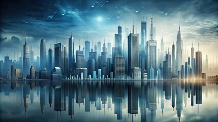 Fototapeta premium A city skyline reflected in calm water, with skyscrapers reaching towards a cloudy sky, illuminated by a warm, ethereal glow.