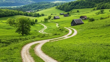 Obraz premium A picturesque rural landscape featuring winding roads and charming houses surrounded by lush green fields and rolling hills.