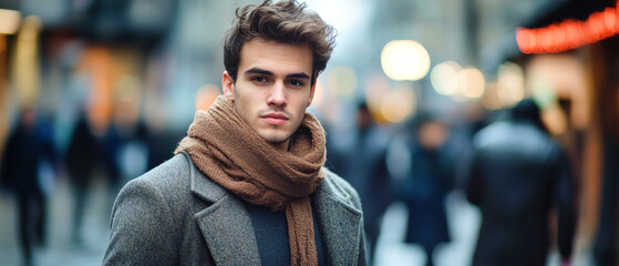 Fototapeta premium A young man in a stylish coat and scarf gazes at the camera while strolling through a bustling city street in soft lighting