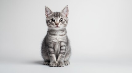 A cute grey tabby kitten sits on a white background, looking up with its ears perked.