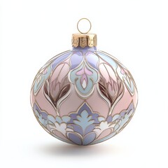 An elegant 3D bauble, adorned with pastel patterns and shimmering details, isolated against a bright white backdrop, radiating holiday elegance