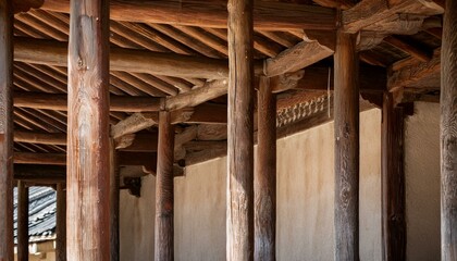 Obraz premium Pillars and rafters of traditional Korean wooden architecture