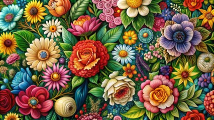 Aerial View of Hand-Drawn Floral Backdrop with Vibrant Colors and Intricate Patterns for Artistic Decor and Design