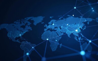World Map Network Connection Dark Background Glowing Effect, technology visualization, global network, interconnected world, modern design,   artistic representation, digital connections