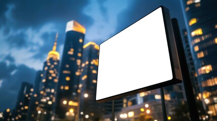 Obraz premium A blank billboard on a city street against a blue sky, surrounded by urban architecture, ready for advertising and marketing messages