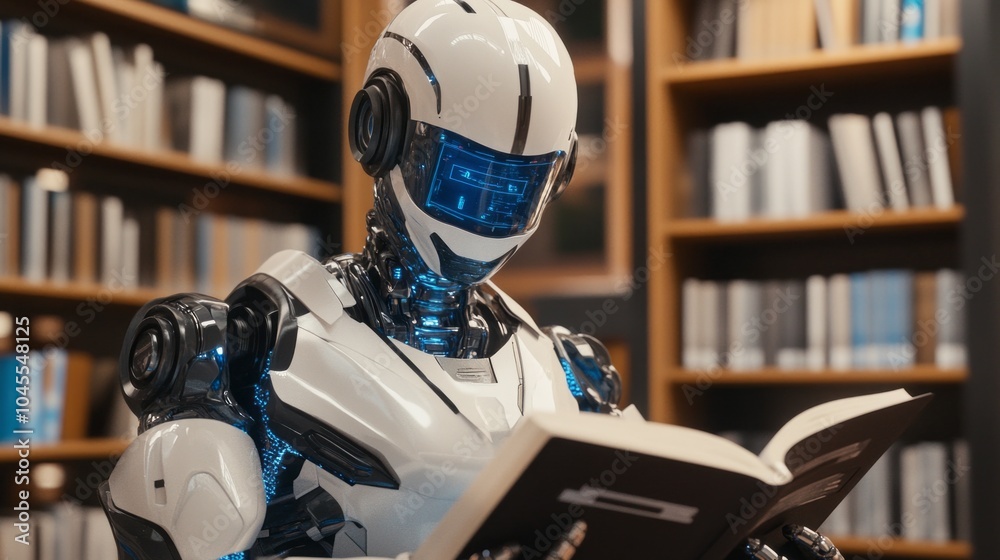 Poster a robot is reading a book in a library