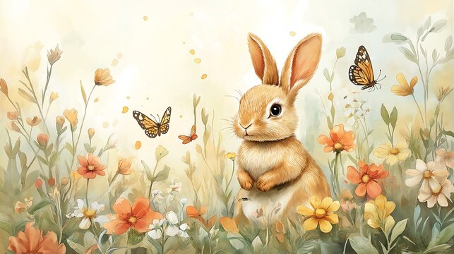 Easter buny with butterflies in garden, Easter vector background illustration.