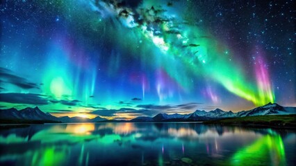 Serene Night Sky Displaying Vibrant Green and Purple Aurora Borealis Over Calm Water and Mountains