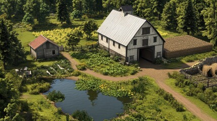 A serene rural landscape featuring a farmhouse, barn, pond, and lush greenery, perfect for nature and agriculture themes.