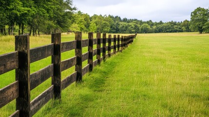 A serene view of a wooden fence bordering a lush green field under a cloudy sky, perfect for nature and landscape themes.