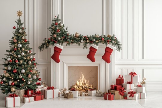 3D-Rendered White Fireplace with Red and Silver Christmas Tree, Presents on the Floor, and Red Stockings Hanging in a Bright Room