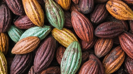 Fototapeta premium A vibrant collection of colorful cacao pods, showcasing their unique textures and rich hues, perfect for culinary and agricultural themes.