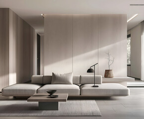 Aesthetic elegant minimalist modern interior design. Clear mock up empty wall for decoration in the apartment. Copy space in the room. Neutral palette of natural colors.