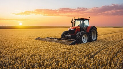 Obraz premium A vibrant sunset over a golden wheat field with a tractor harvesting the crops, showcasing agricultural beauty and productivity.