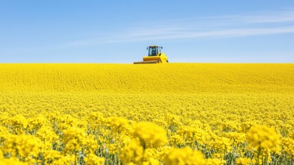 A vibrant yellow field with a tractor harvesting, under a clear blue sky, showcasing agricultural productivity and beauty.