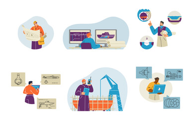 Vector se depicting marine engineers designing and building naval vessels on a white background