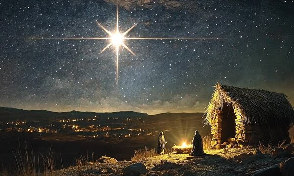 A serene night scene depicting a stable under a starry sky, symbolizing peace and hope.
