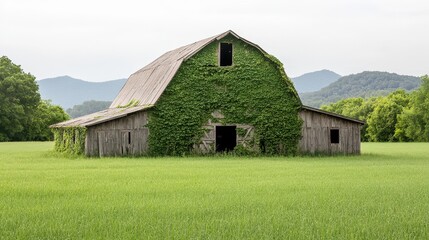 An old barn covered in green vines stands alone in a lush field, surrounded by rolling hills and distant mountains.