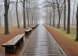 Obraz premium An image of a deserted park pathway scene on a rainy overcast day