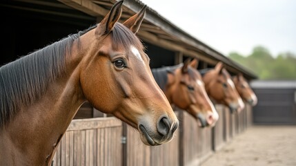 Fototapeta premium Beautiful horses stand in a stable, showcasing their elegant features and serene demeanor in a peaceful rural setting.