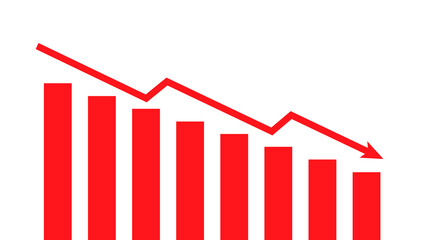 Decreasing concept. A 2D-style bar chart with vibrant red bars decreases in height with a downward zigzag arrow. For decline or reduce themes.