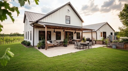 Charming farmhouse with a spacious patio surrounded by lush greenery, offering a perfect outdoor living space for relaxation.