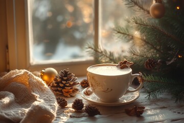 winter coffee vibes, winter coffee shines in morning light with festive decorations, evoking warmth and comfort