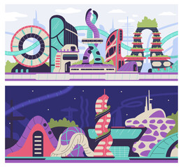 Fototapeta premium Vector set of futuristic fantasy cityscapes day and night.