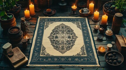 A white rug with a black and blue pattern in the center with candles, herbs, and other ceremonial items surrounding it.