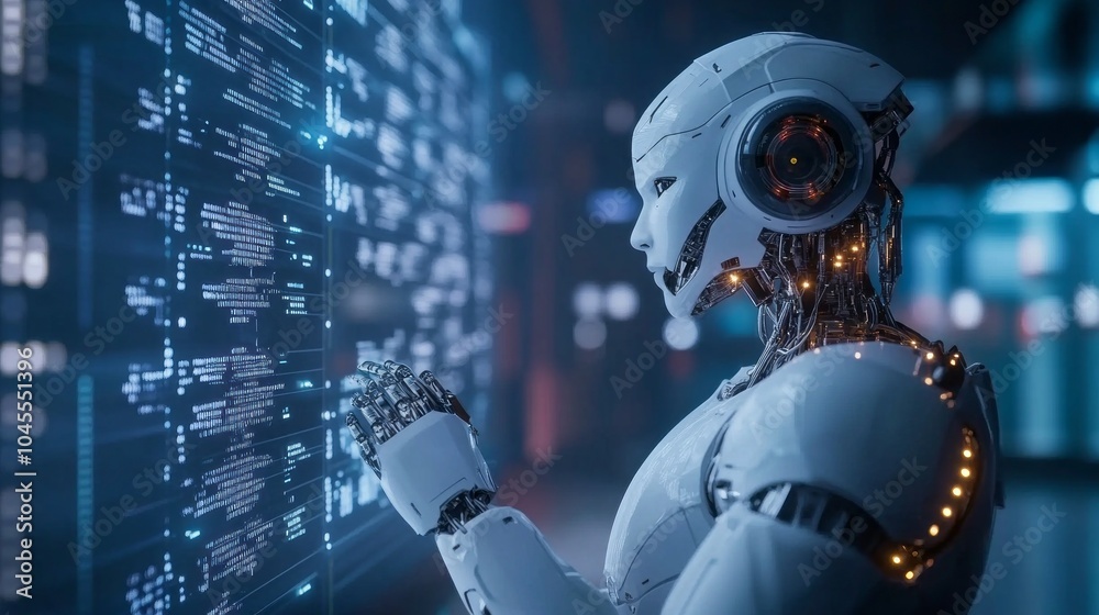 Poster A robot is looking at a computer screen with a lot of numbers and letters on it