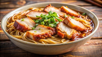 A bowl of steaming ramen with pork belly, topped with fresh scallions and a savory broth.