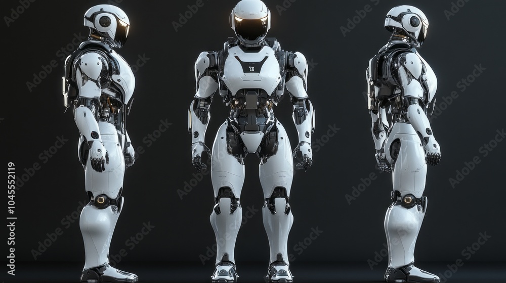 Poster Three white robots standing in a row, each with a different pose