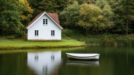 Obraz premium Serene lakeside view featuring a quaint house and peaceful boat surrounded by lush greenery and calm waters.