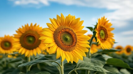 Fototapeta premium Vibrant sunflowers bloom under a clear blue sky, showcasing their bright yellow petals and intricate centers in a lively field.
