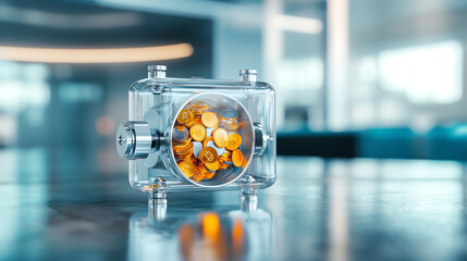 Transparent bank vault with liquid assets flowing out, liquidity and financial abundance, sleek design