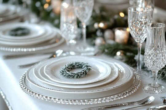 winter wedding decor, chic winter wedding table decor with silver cutlery, crystal glasses, white plates, and mini wreaths, on a banquet table left for text