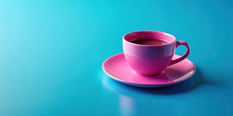 A Pink Teacup with a Light Brown Beverage Resting on a Matching Saucer Against a Vibrant Blue Background
