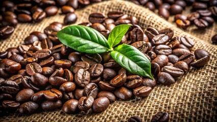 Fototapeta premium A closeup of freshly roasted coffee beans with a green leaf, a symbol of nature's bounty and the rich aroma of brewing coffee.