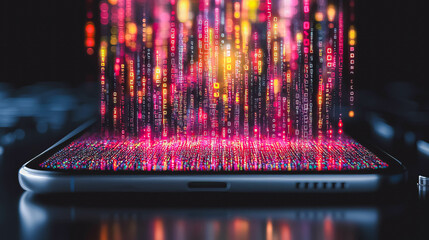 Smartphone emitting vibrant streams glowing digital data, symbolizing the flow of information and advanced mobile technology. Vivid neon colors emphasize power and speed modern communication systems
