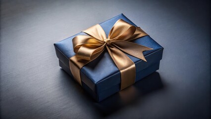 Obraz premium A navy blue gift box with a golden ribbon and bow, a symbol of celebration and special occasions.