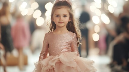 Naklejka premium A young girl in a pink dress is walking down a runway