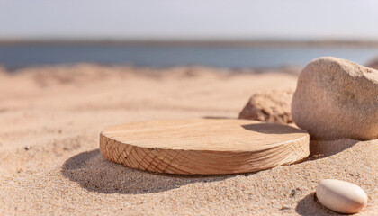 Fototapeta na wymiar Wooden display podium on beach sand surface, stone decor. Stage for product presentation. Mock-up